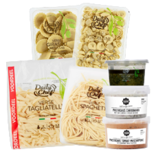 Daily Chef verse pasta
pak à 250/500 gram,
Daily Chef groene pesto
pastasaus bakje à 150 ml
of Noordertrots pastasaus
bakje à 25